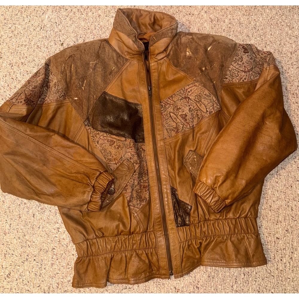 Vintage Winlit Brown Leather Patchwork Paisley Bomber Jacket Women Medium 80s